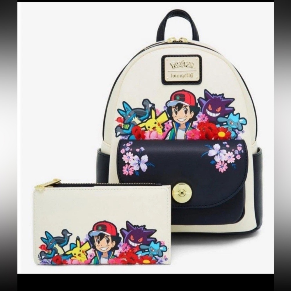 Loungefly Pokémon Ash & Pokémon Floral Mini Backpack wallet set